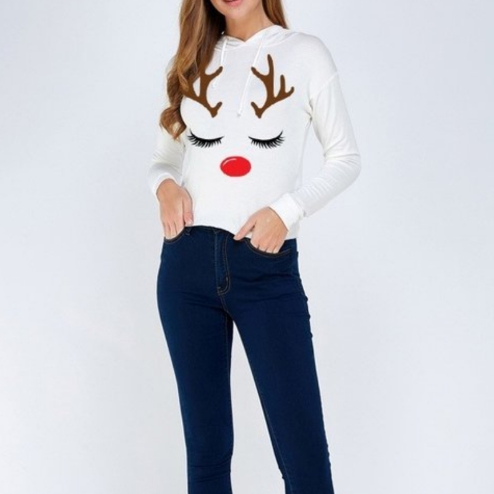 Reindeer Hoodie T-shirt Top - Picture 2 of 3
